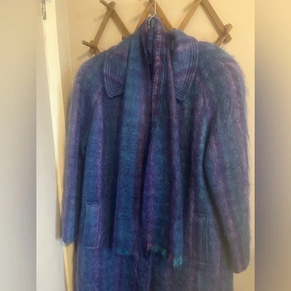 Fashion Gallery Blue Purple Mohair Wool Plaid Longline Coat M - Picture 3 of 14